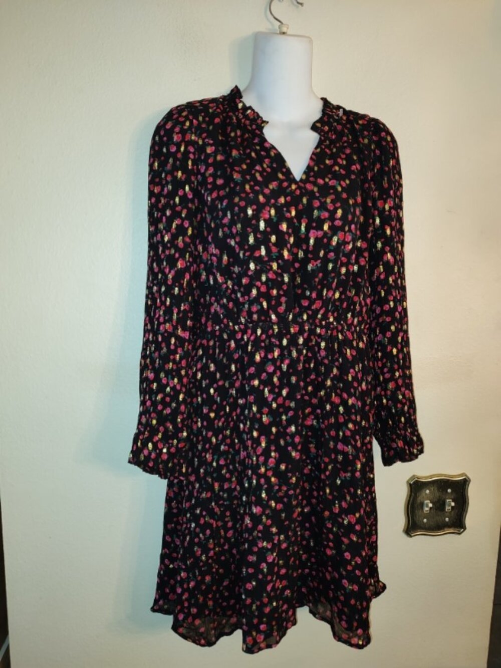 Women's J Crew Factory Black Floral Lurex Metallic Gold Clip-Dot Dress Size 6